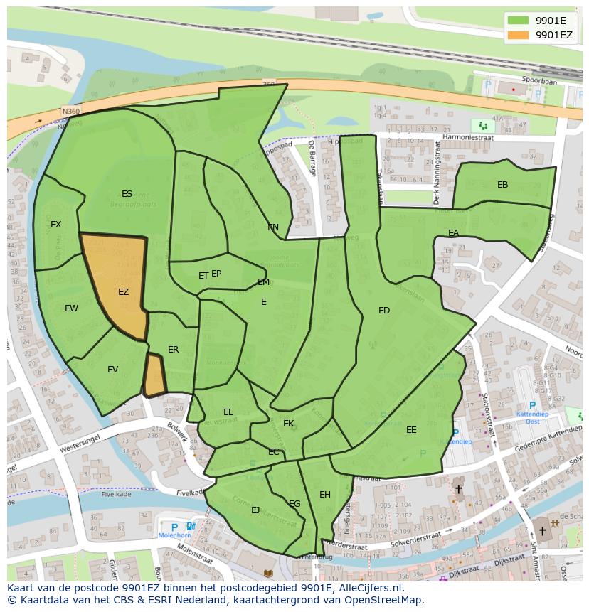 Afbeelding van het postcodegebied 9901 EZ op de kaart.