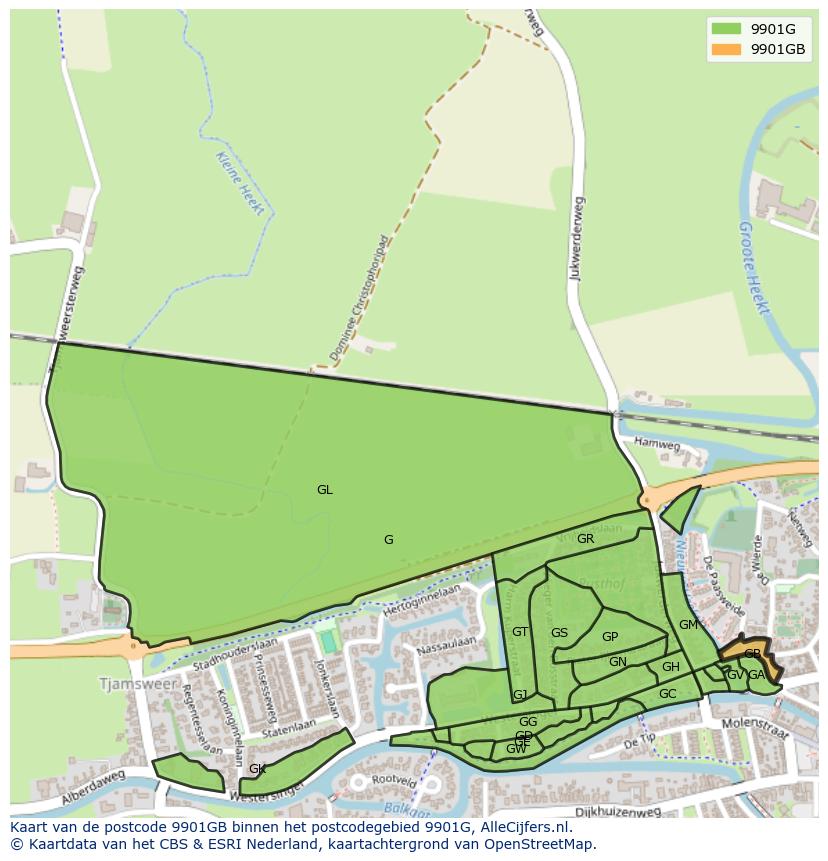 Afbeelding van het postcodegebied 9901 GB op de kaart.