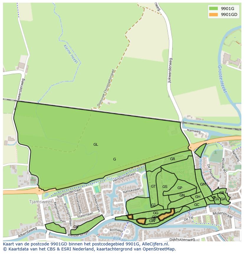 Afbeelding van het postcodegebied 9901 GD op de kaart.