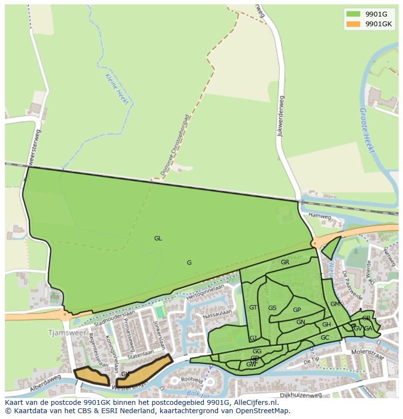 Afbeelding van het postcodegebied 9901 GK op de kaart.