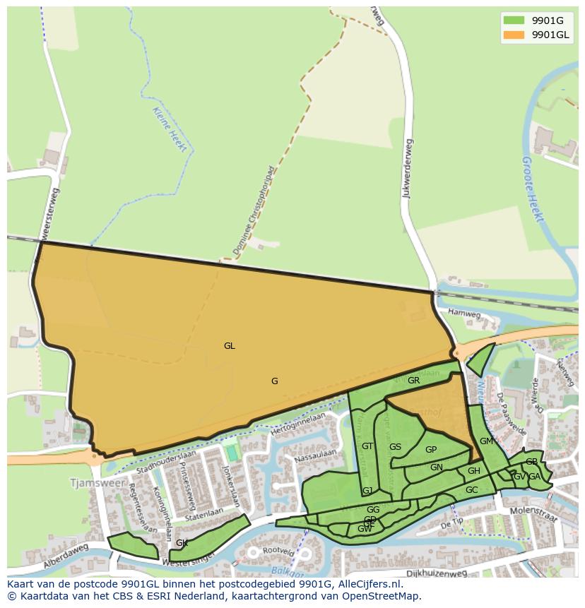 Afbeelding van het postcodegebied 9901 GL op de kaart.