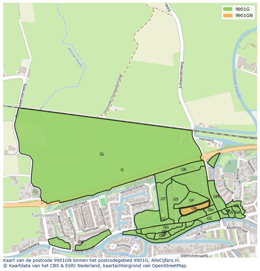 Afbeelding van het postcodegebied 9901 GN op de kaart.