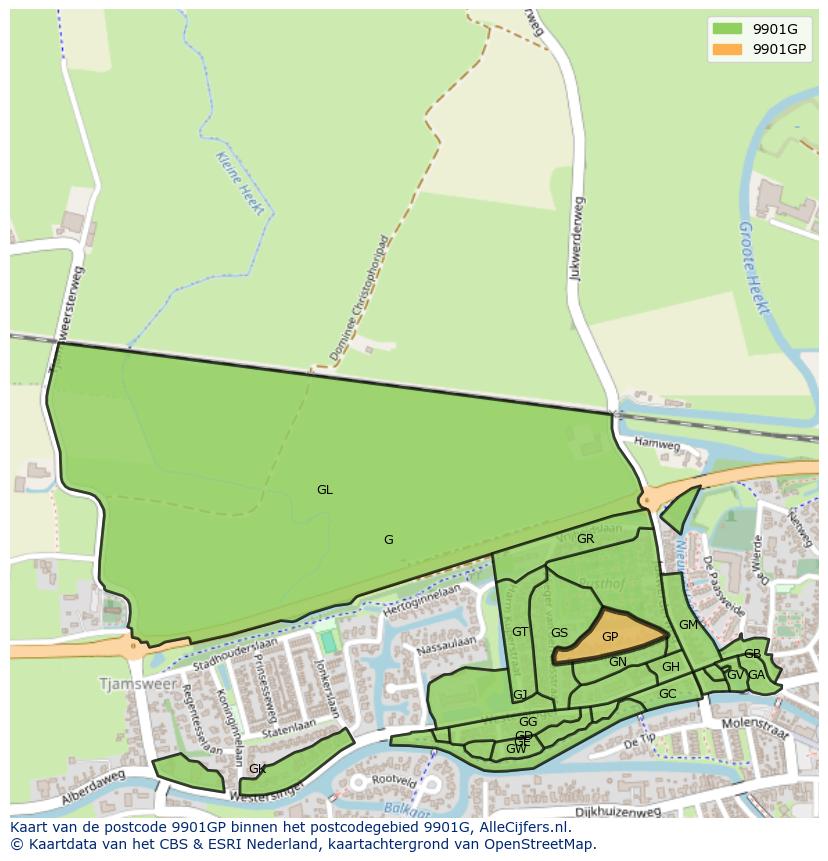 Afbeelding van het postcodegebied 9901 GP op de kaart.