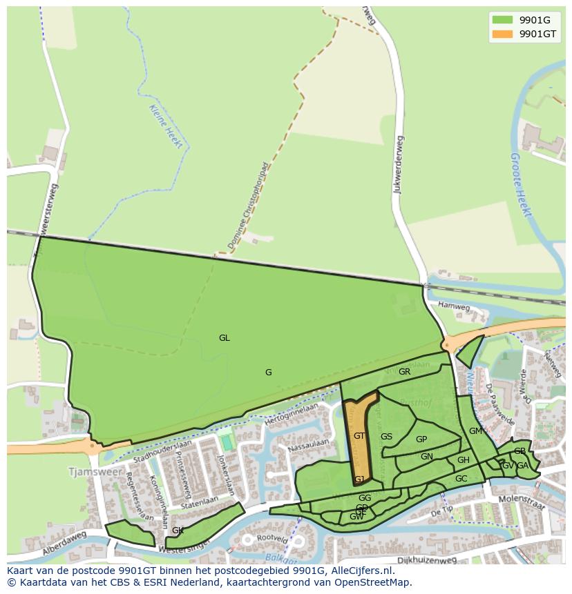 Afbeelding van het postcodegebied 9901 GT op de kaart.