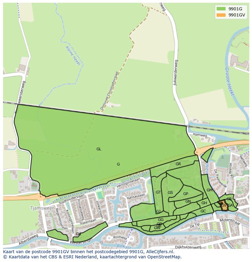 Afbeelding van het postcodegebied 9901 GV op de kaart.