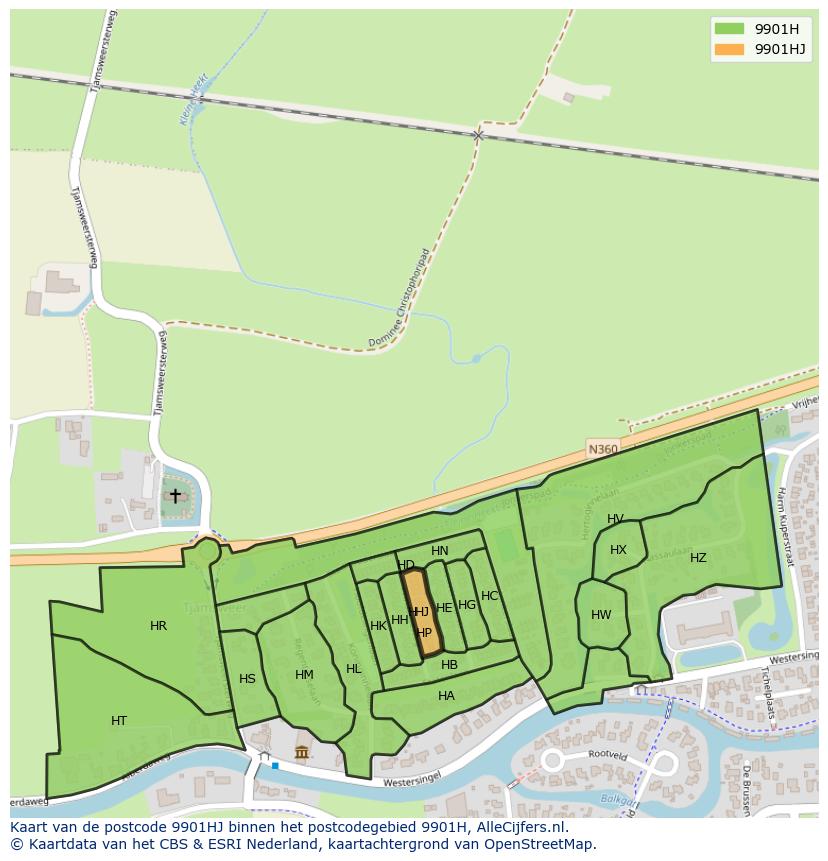 Afbeelding van het postcodegebied 9901 HJ op de kaart.