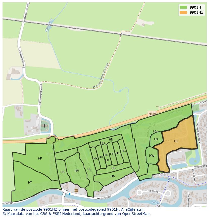Afbeelding van het postcodegebied 9901 HZ op de kaart.