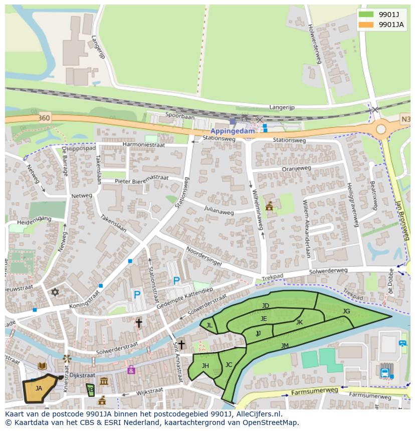 Afbeelding van het postcodegebied 9901 JA op de kaart.