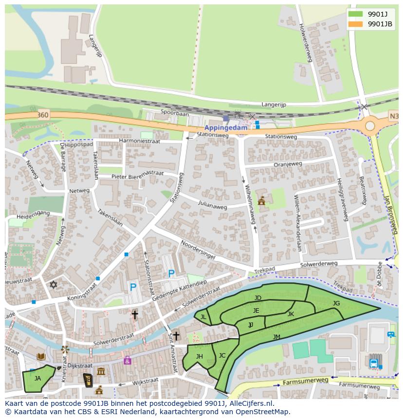 Afbeelding van het postcodegebied 9901 JB op de kaart.