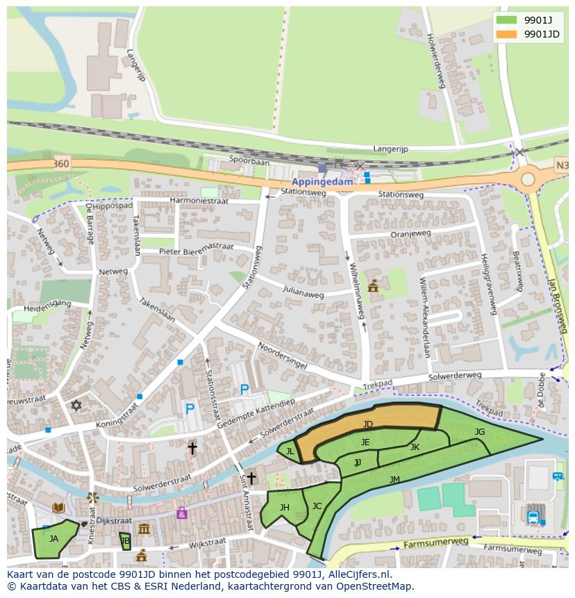 Afbeelding van het postcodegebied 9901 JD op de kaart.