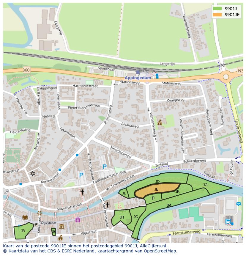 Afbeelding van het postcodegebied 9901 JE op de kaart.