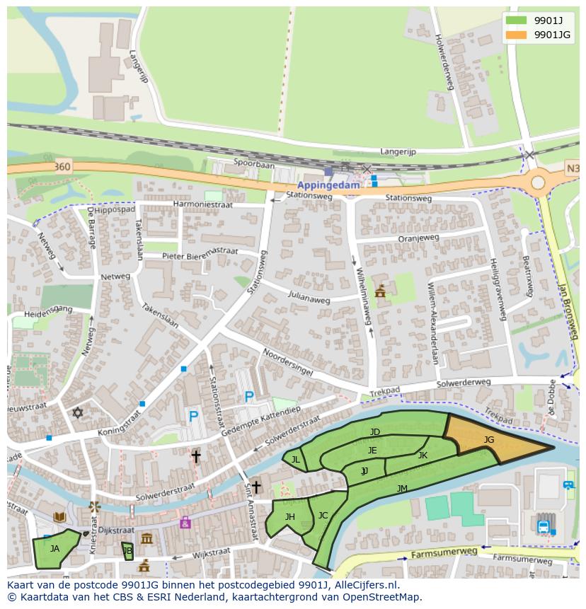 Afbeelding van het postcodegebied 9901 JG op de kaart.