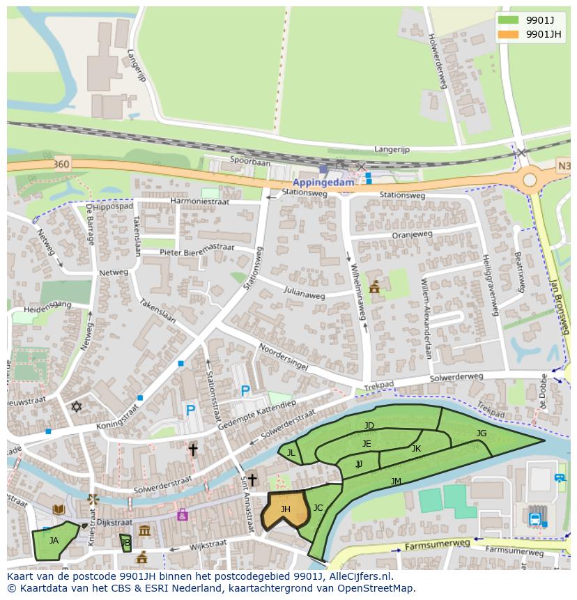 Afbeelding van het postcodegebied 9901 JH op de kaart.