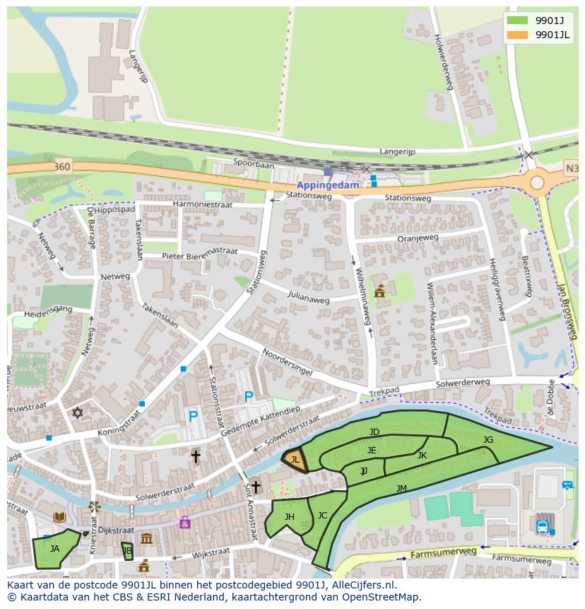 Afbeelding van het postcodegebied 9901 JL op de kaart.