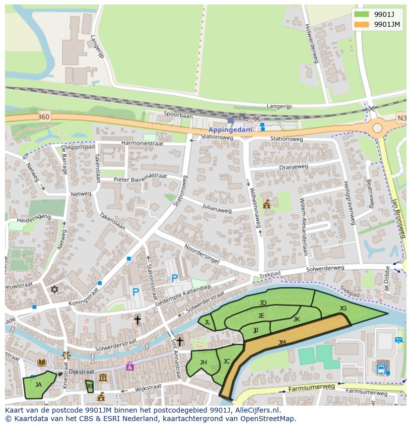 Afbeelding van het postcodegebied 9901 JM op de kaart.