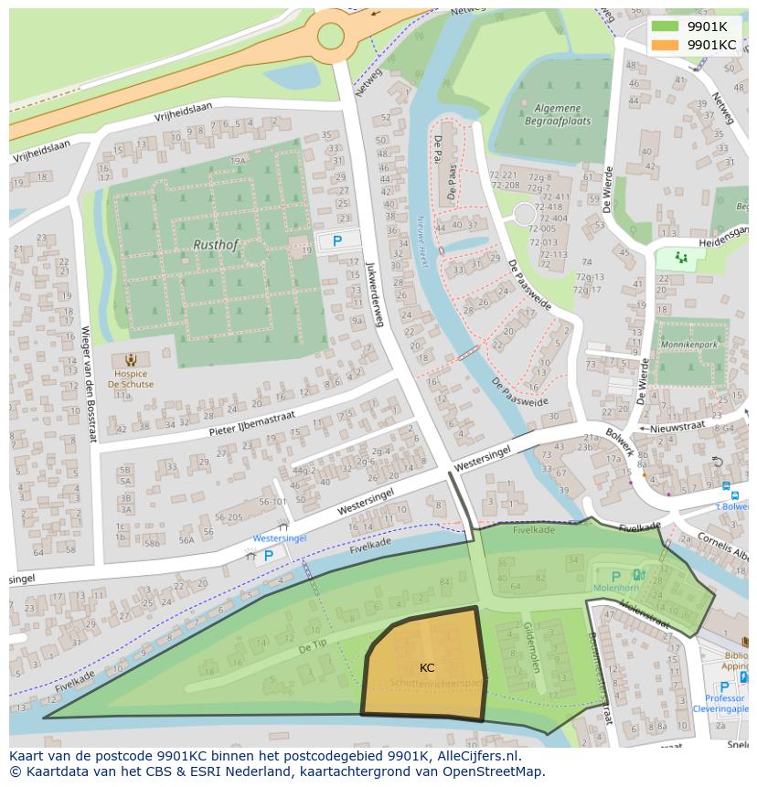 Afbeelding van het postcodegebied 9901 KC op de kaart.