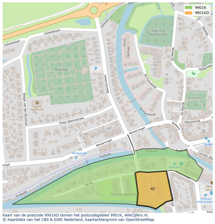 Afbeelding van het postcodegebied 9901 KD op de kaart.