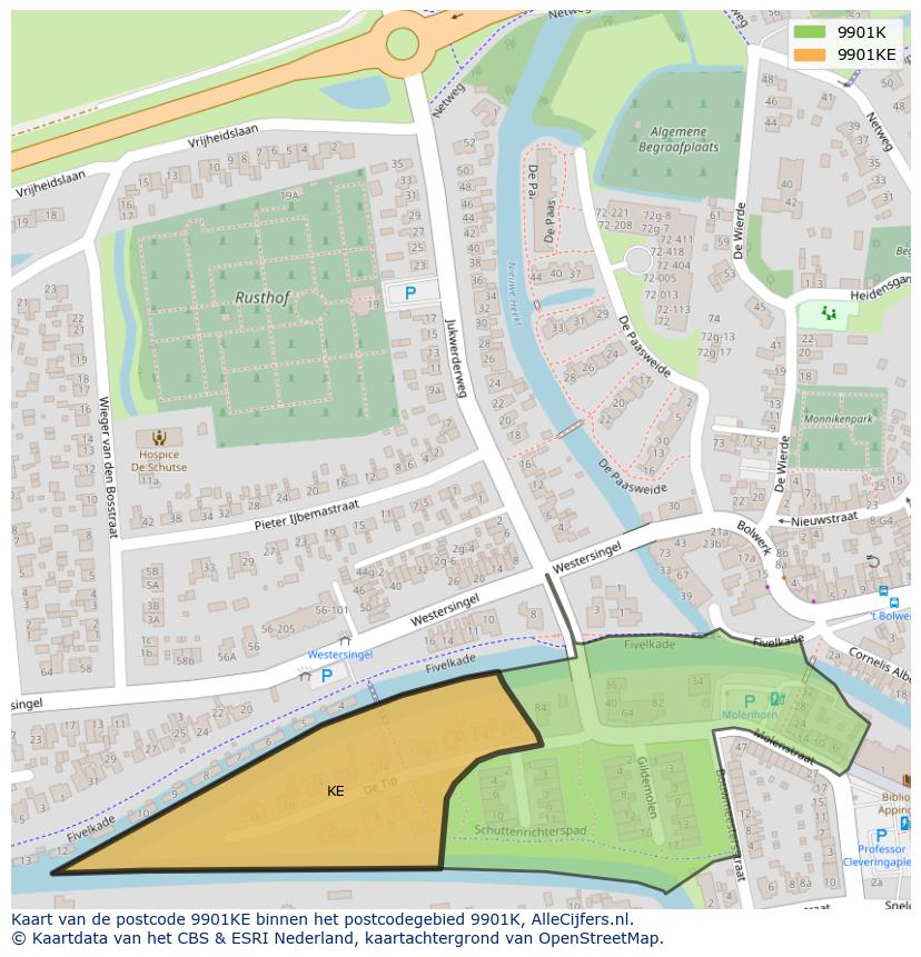 Afbeelding van het postcodegebied 9901 KE op de kaart.