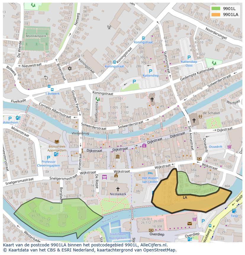 Afbeelding van het postcodegebied 9901 LA op de kaart.