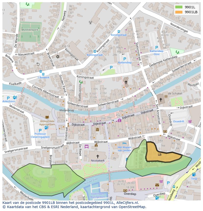Afbeelding van het postcodegebied 9901 LB op de kaart.