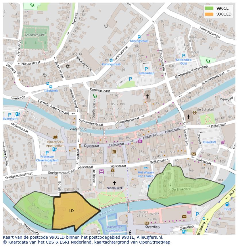 Afbeelding van het postcodegebied 9901 LD op de kaart.