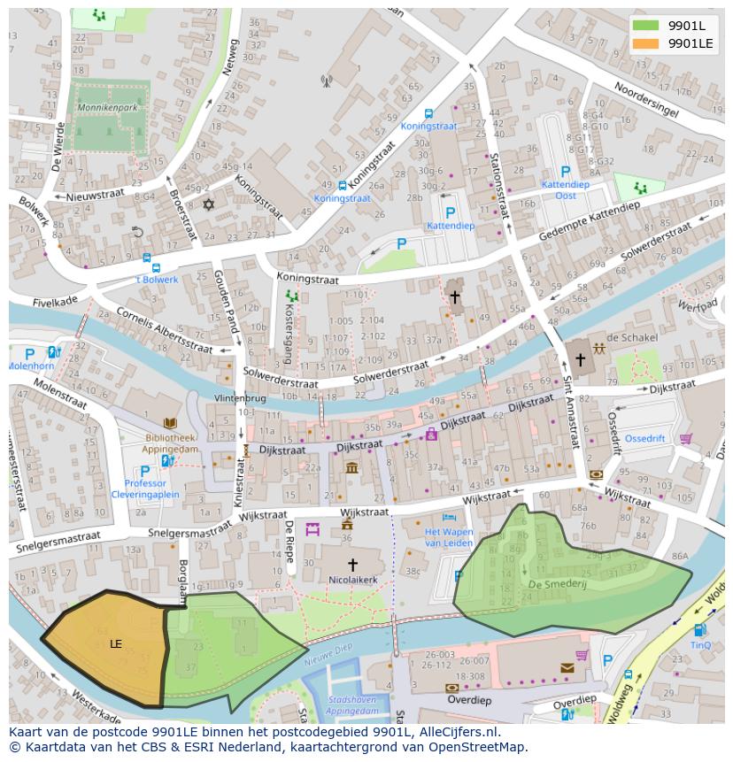 Afbeelding van het postcodegebied 9901 LE op de kaart.