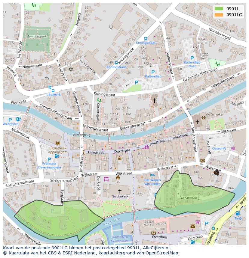 Afbeelding van het postcodegebied 9901 LG op de kaart.