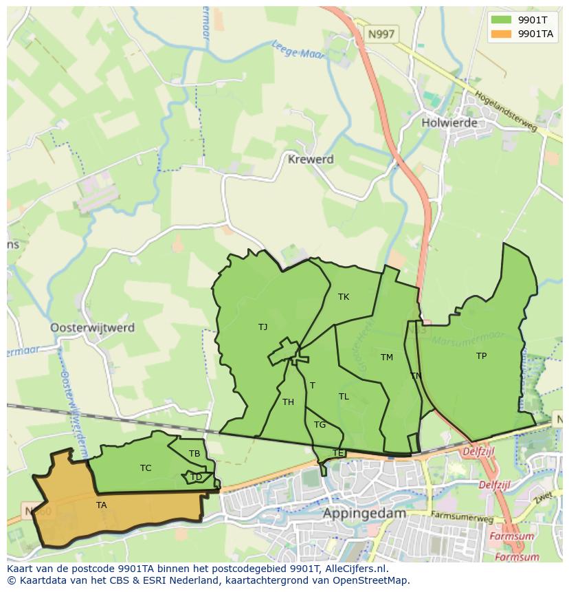 Afbeelding van het postcodegebied 9901 TA op de kaart.