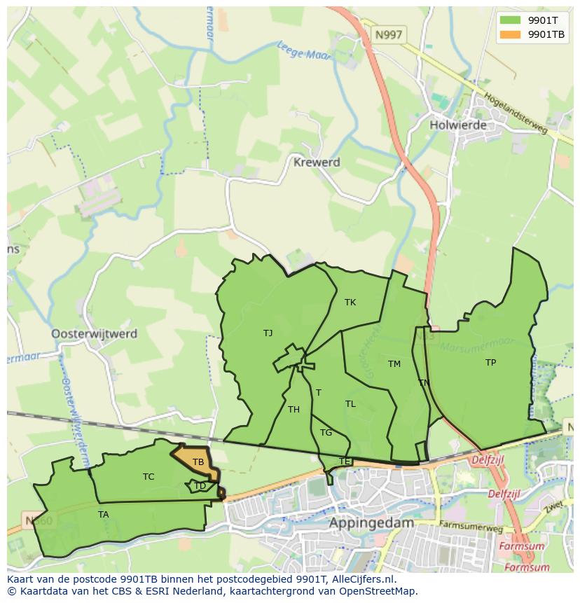 Afbeelding van het postcodegebied 9901 TB op de kaart.