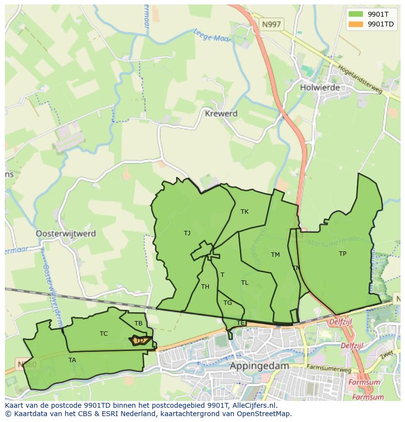 Afbeelding van het postcodegebied 9901 TD op de kaart.