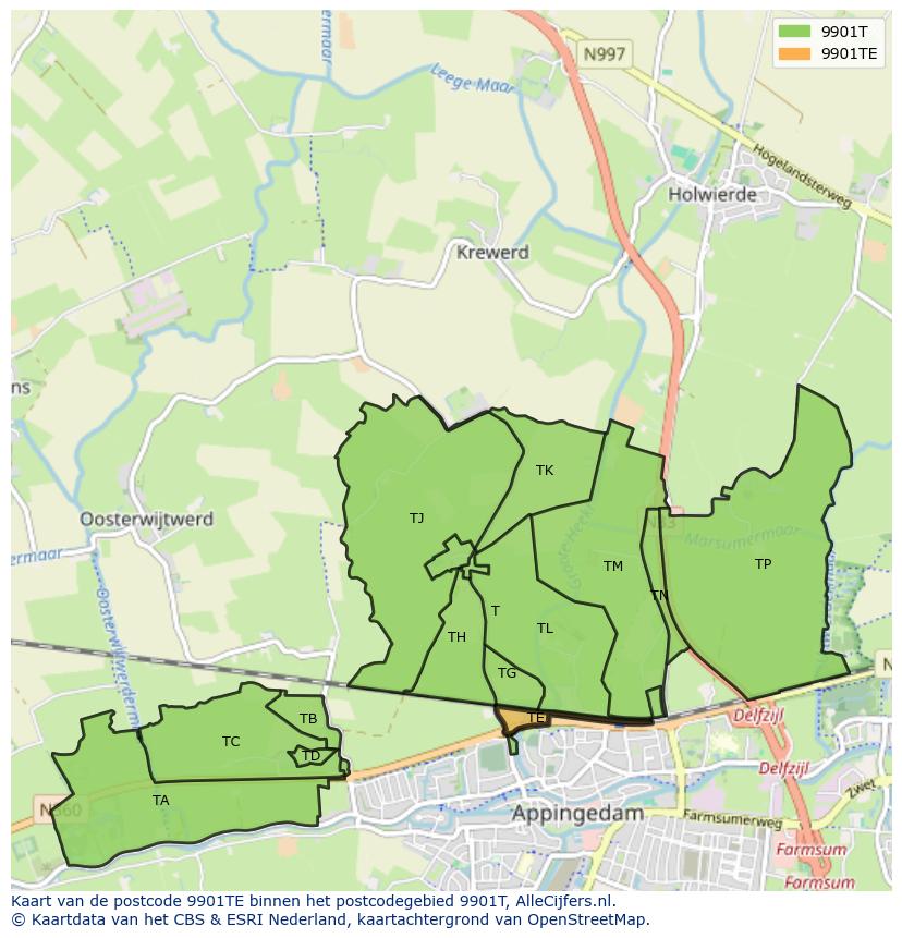 Afbeelding van het postcodegebied 9901 TE op de kaart.