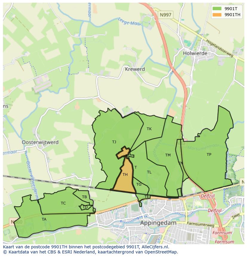 Afbeelding van het postcodegebied 9901 TH op de kaart.