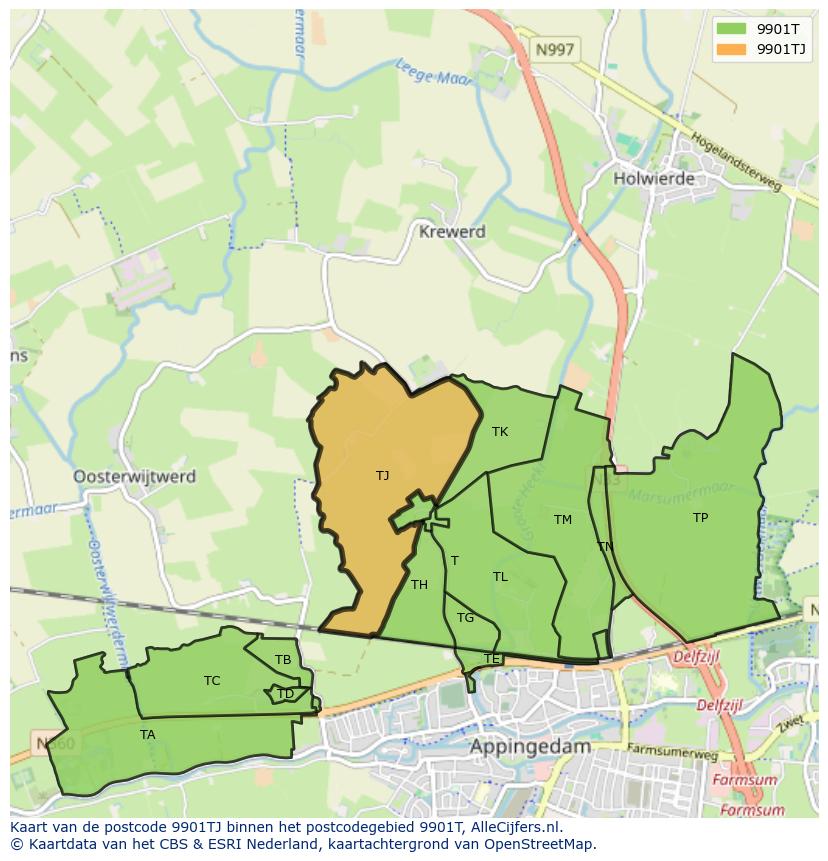 Afbeelding van het postcodegebied 9901 TJ op de kaart.