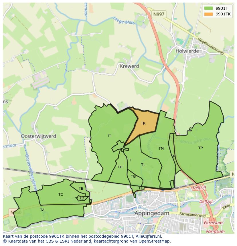 Afbeelding van het postcodegebied 9901 TK op de kaart.