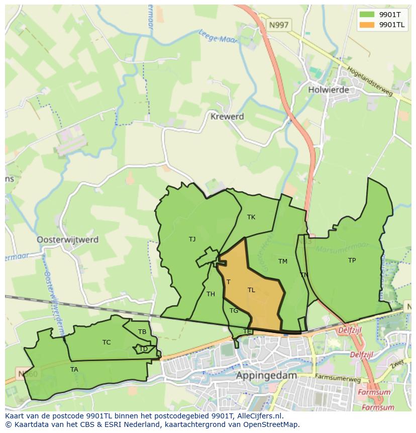 Afbeelding van het postcodegebied 9901 TL op de kaart.