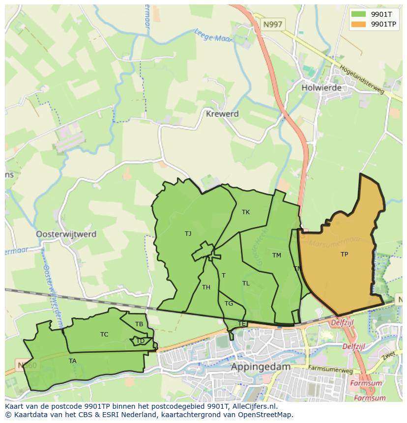 Afbeelding van het postcodegebied 9901 TP op de kaart.