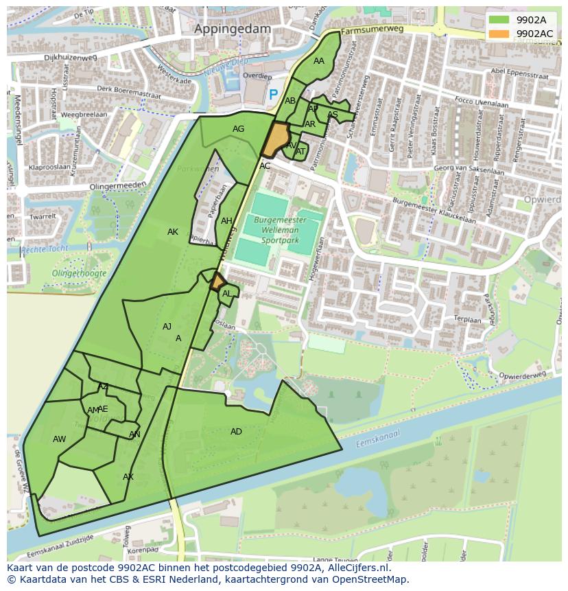 Afbeelding van het postcodegebied 9902 AC op de kaart.