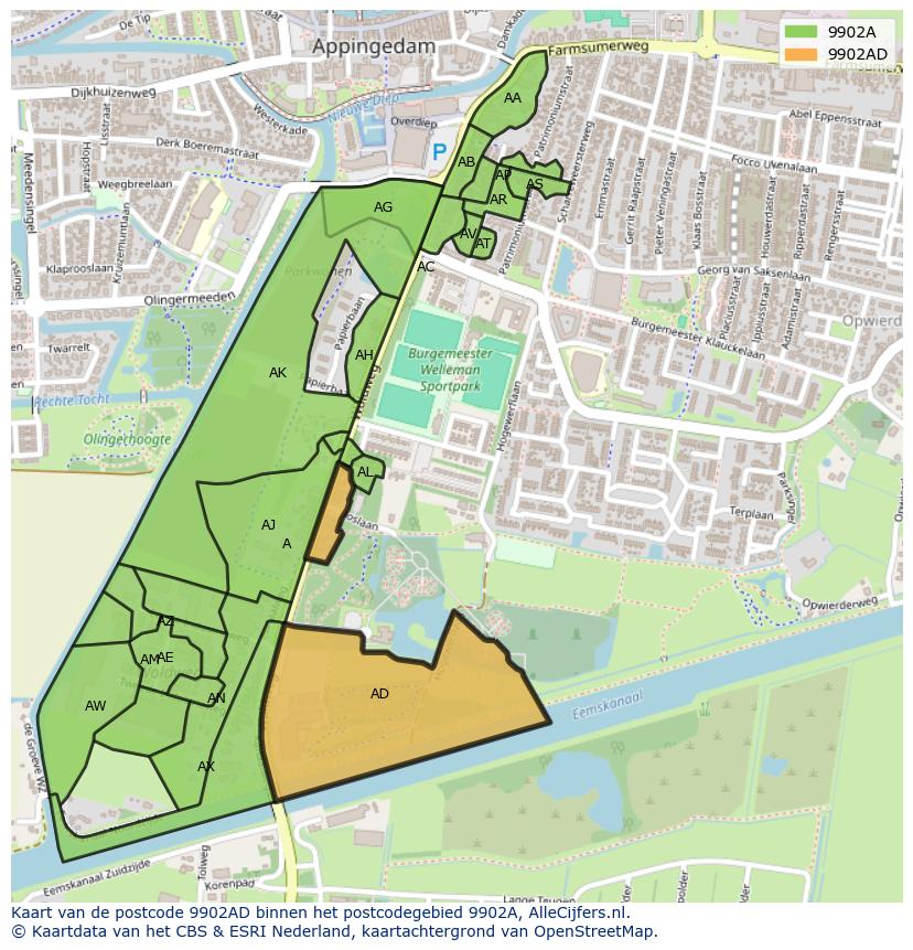 Afbeelding van het postcodegebied 9902 AD op de kaart.
