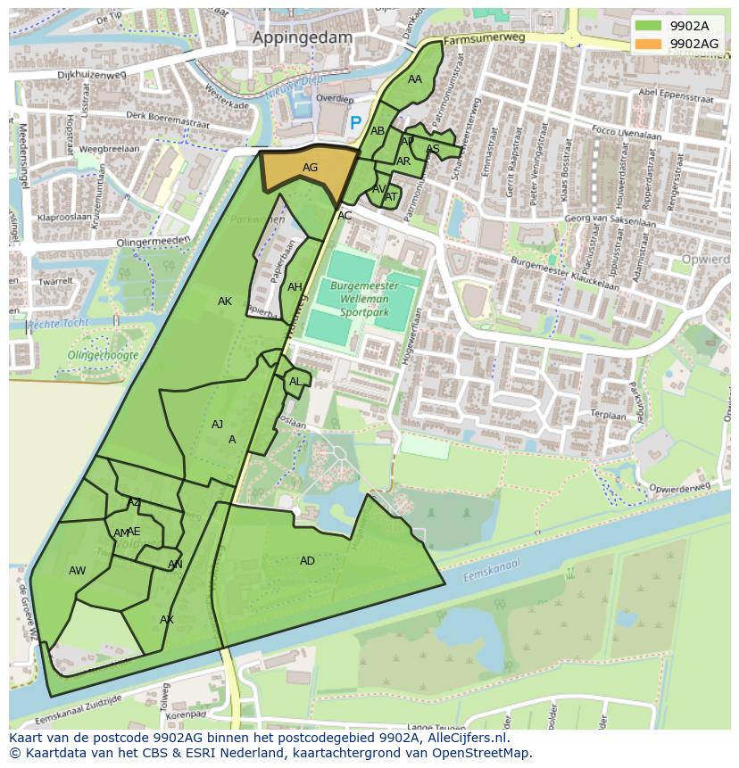 Afbeelding van het postcodegebied 9902 AG op de kaart.