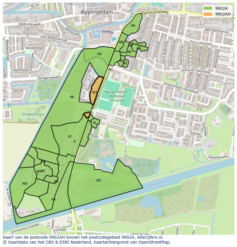 Afbeelding van het postcodegebied 9902 AH op de kaart.