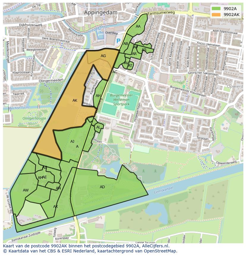 Afbeelding van het postcodegebied 9902 AK op de kaart.