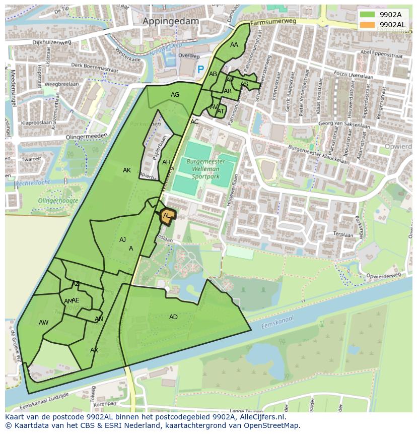 Afbeelding van het postcodegebied 9902 AL op de kaart.