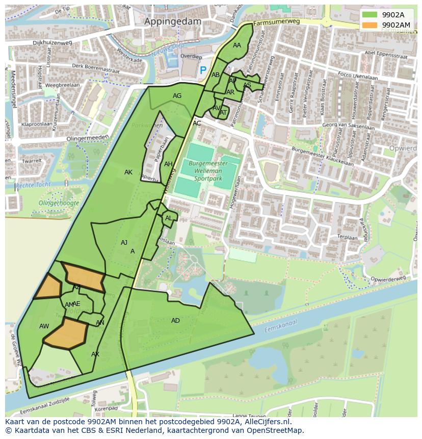 Afbeelding van het postcodegebied 9902 AM op de kaart.
