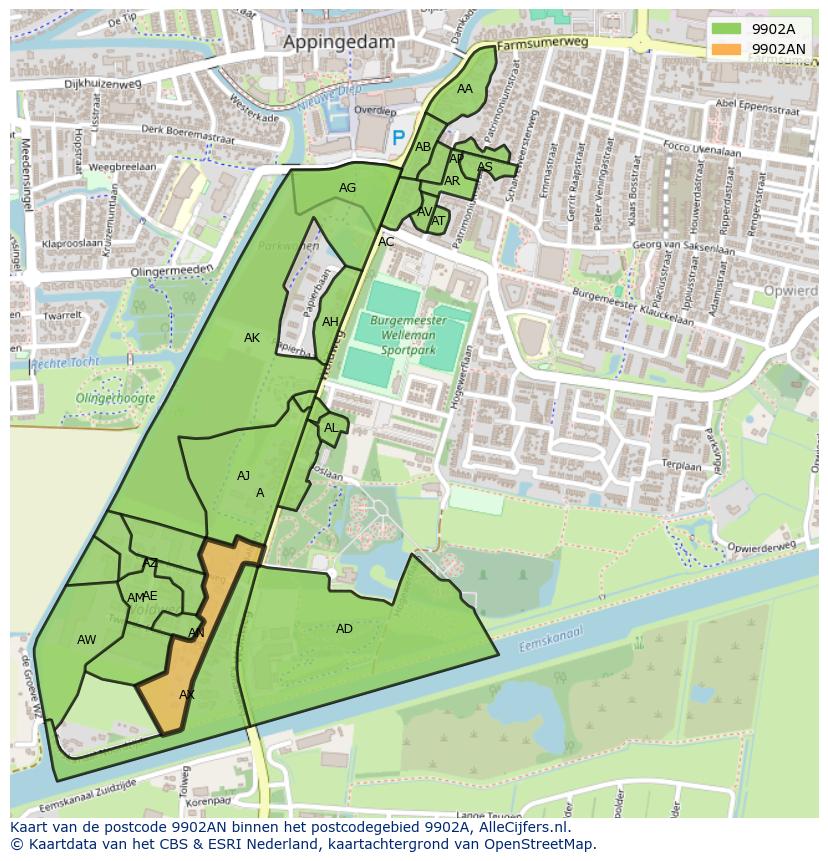 Afbeelding van het postcodegebied 9902 AN op de kaart.