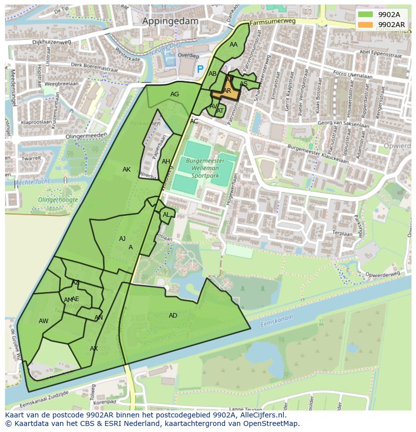 Afbeelding van het postcodegebied 9902 AR op de kaart.