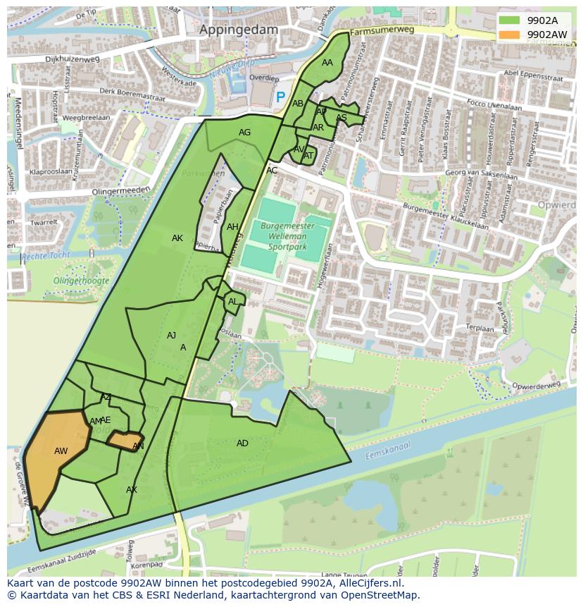 Afbeelding van het postcodegebied 9902 AW op de kaart.