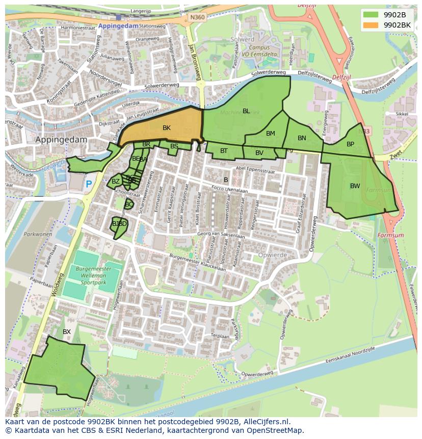 Afbeelding van het postcodegebied 9902 BK op de kaart.
