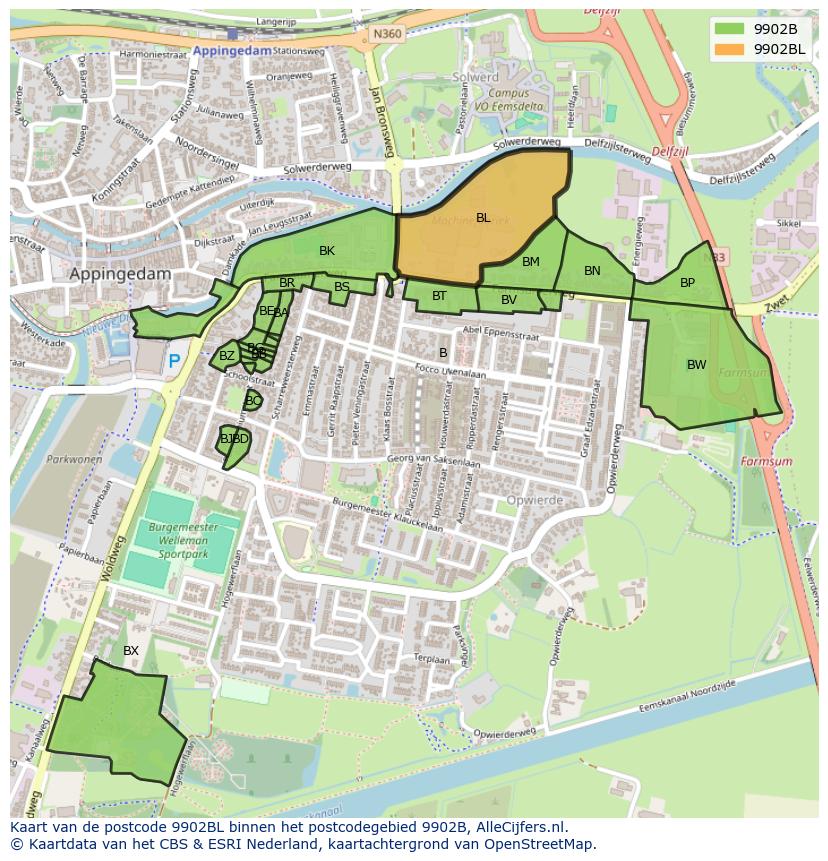 Afbeelding van het postcodegebied 9902 BL op de kaart.