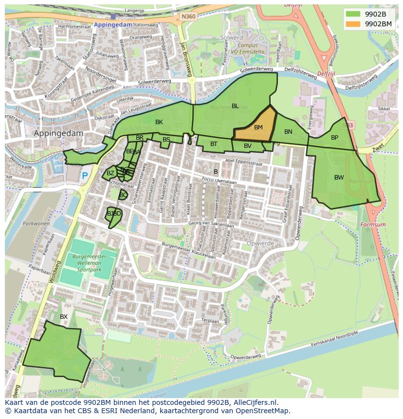 Afbeelding van het postcodegebied 9902 BM op de kaart.