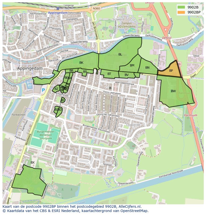 Afbeelding van het postcodegebied 9902 BP op de kaart.